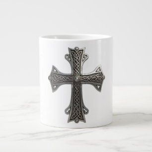 Caneca De Café Grande Cruz de Prata Céltica Ornamentada com Padrão Intri