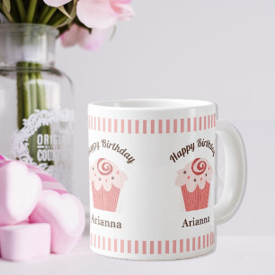 Caneca De Café Grande Cupcake de Aniversário com Faixa Rosa