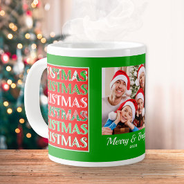 Caneca De Café Grande Custom Festive Red Green Christmas Photo