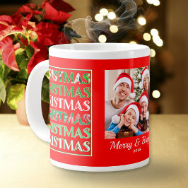 Caneca De Café Grande Custom Festive Red Green Christmas Photo
