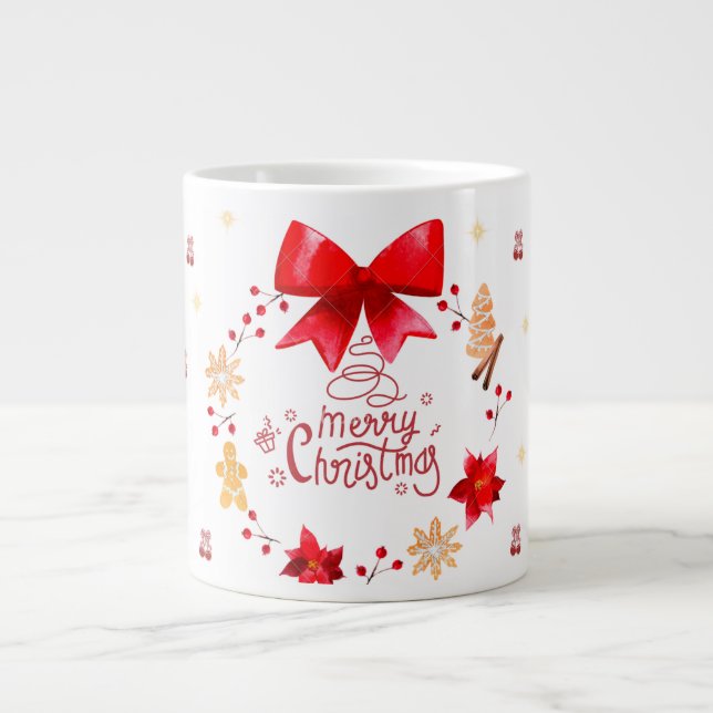 Caneca De Café Grande “Cute Christmas Mug with Red Bow Wreath" (Frente)