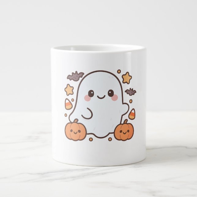 Caneca De Café Grande Cute Halloween Ghost Clipart, Divertido e Cute Spo (Frente)