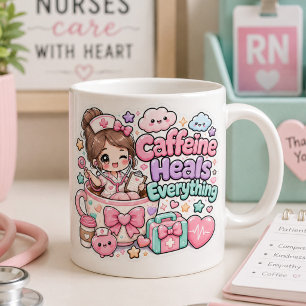 Caneca De Café Grande Cute Kawaii Cafeína Cura Tudo Enfermeira Médica