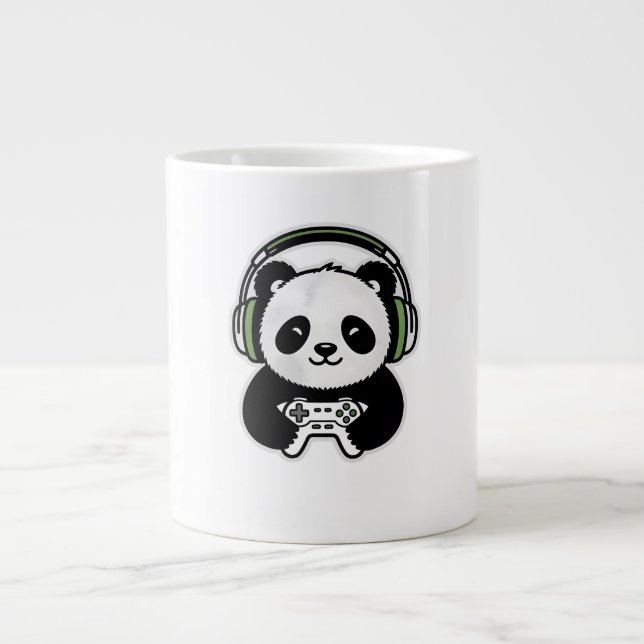 Caneca De Café Grande Cute Panda Gamer - Kawaii Gaming Panda with Headse (Frente)