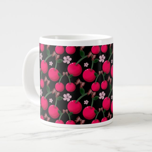 Caneca De Café Grande Cute red Cherry floral pattern  (Frente Esquerda)