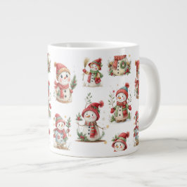 Caneca De Café Grande Cute snowmen with Santa hats and holly