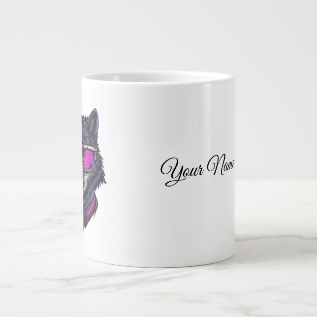 Caneca De Café Grande Cyberpunk Wolf Neon Art Personalizable Name Mug -  (Frente)