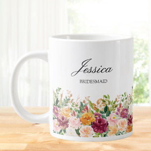 Caneca De Café Grande Dama de Honra Flor de Rosa em Aquarela com Monogra