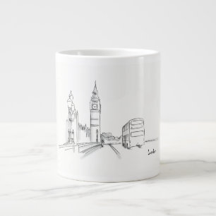 Caneca De Café Grande Desenho de Londres Simples Preto e Branco