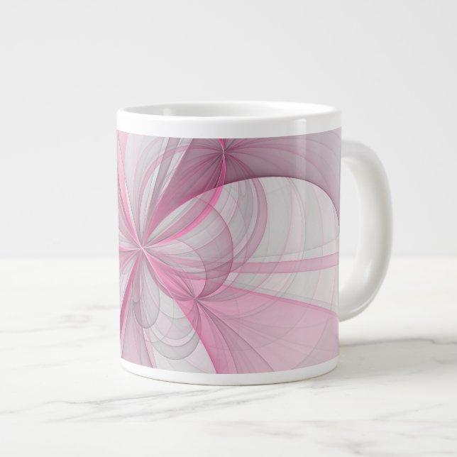 Caneca De Café Grande Design de fractal cinza rosa claro abstrato modern (Frente Esquerda)
