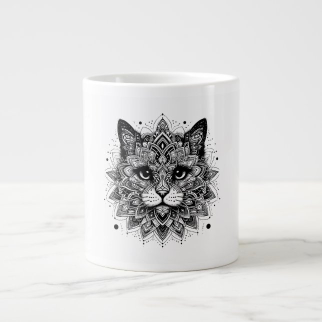 Caneca De Café Grande Design de Gato com Padrão Mandala (Frente)