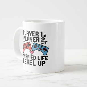 Caneca De Café Grande Design de Pixel de Casal de Jogadores Subiu de Nív