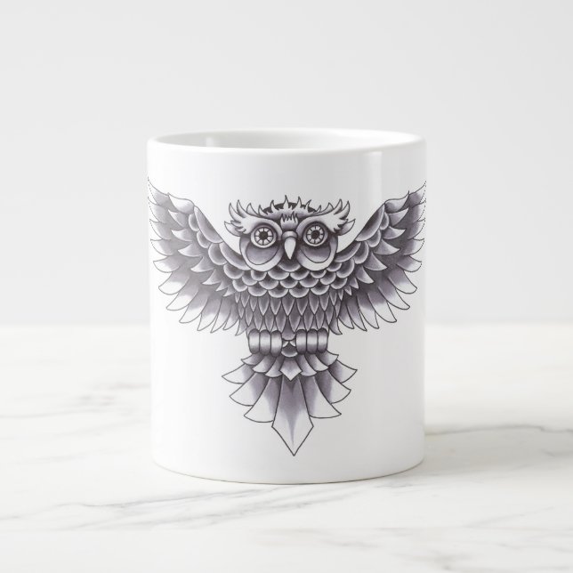 Caneca De Café Grande Design de Tatuagem de Coruja Antiga (Frente)