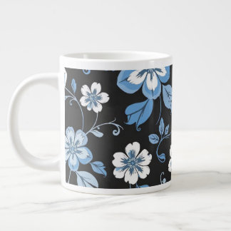 Caneca De Café Grande Design Floral Azul E Branco
