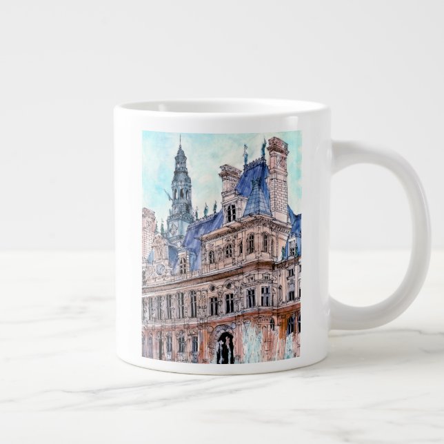 Caneca De Café Grande Destinos | Watercolor Rustic Hotel de Ville (Direita)