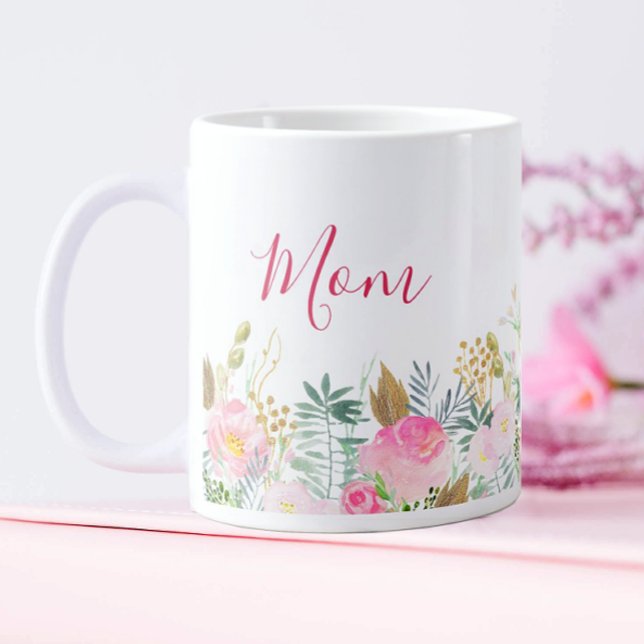 Caneca De Café Grande Dia das Mães Floral Rosa (Pink Floral Coffee Mug for Mom)