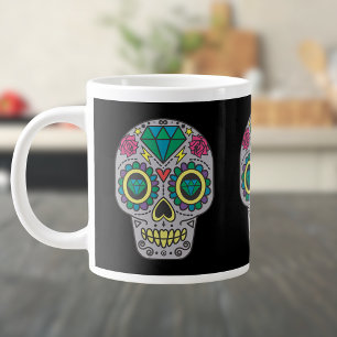 Caneca De Café Grande Dia dos Rosas Mortos e Crânios de Cristal em Pret