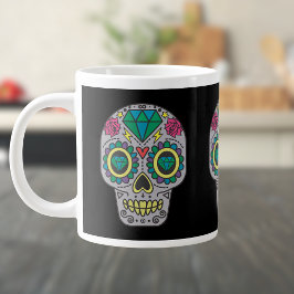 Caneca De Café Grande Dia dos Rosas Mortos e Crânios de Cristal em Preto