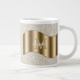 Caneca De Café Grande Diamantes, Grande Nome Branco do Monograma Dourado