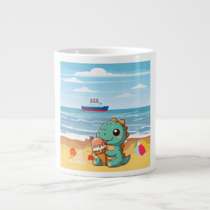Caneca De Café Grande Dinô bonito comendo sorvete na praia