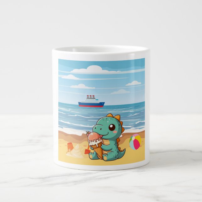 Caneca De Café Grande Dinô bonito comendo sorvete na praia (Frente)