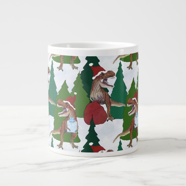 Caneca De Café Grande Dinosaur Christmas T-Rex Santa (Frente)