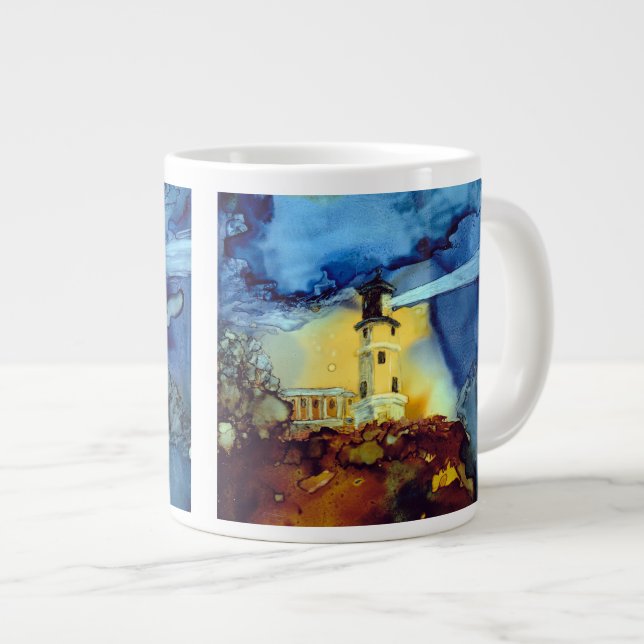 Caneca De Café Grande Dividir Farol De Pedra À Noite (Frente Esquerda)