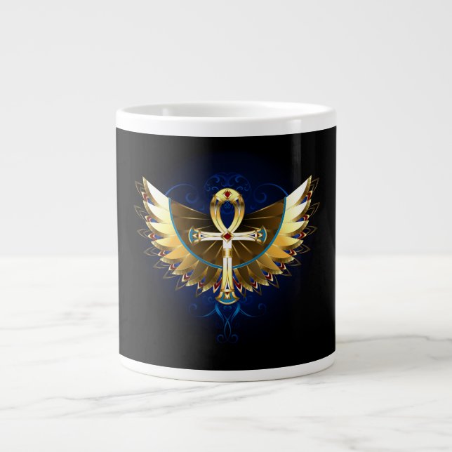 Caneca De Café Grande Dourada Ankh com Asas (Frente)