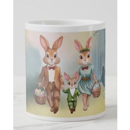 Caneca De Café Grande Easter Bunny Family Hunting for Eggs - Watercolor