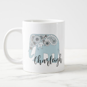 Caneca De Café Grande Elefante Azul Paisley Boho Chic