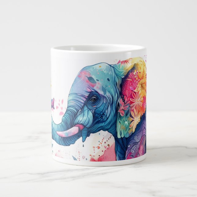 Caneca De Café Grande Elefante de Aquarela com flores. (Frente)