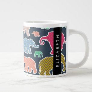 Caneca De Café Grande Elefantes Coloridos, Padrão Elefante, Seu Nome