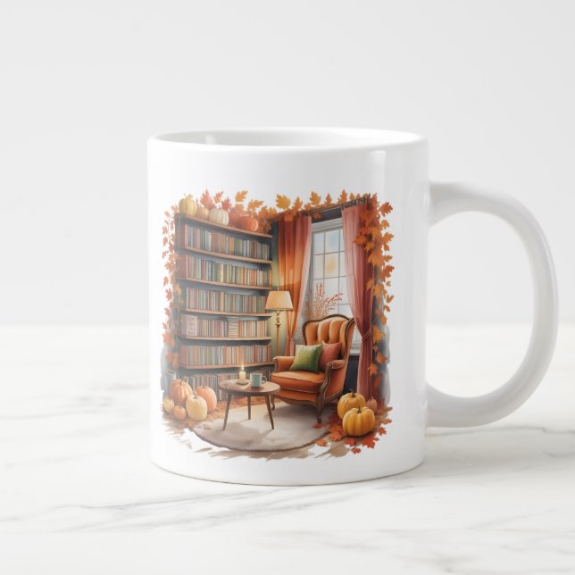 Caneca De Café Grande Elegant Fall Bookshelf Mug — Cozy Curtain (Direita)