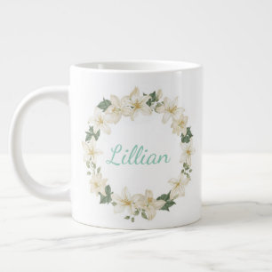 Caneca De Café Grande Elegante Design de Lírio Botânico com Monograma  