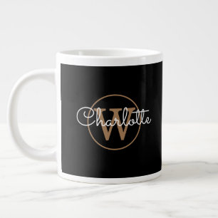 Caneca De Café Grande Elegante Monograma Dourado Script Feminino Preto 