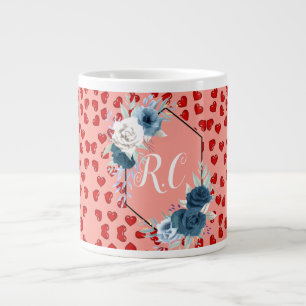 Caneca De Café Grande Elegante Monograma Floral em Azul Poeirento e Cora