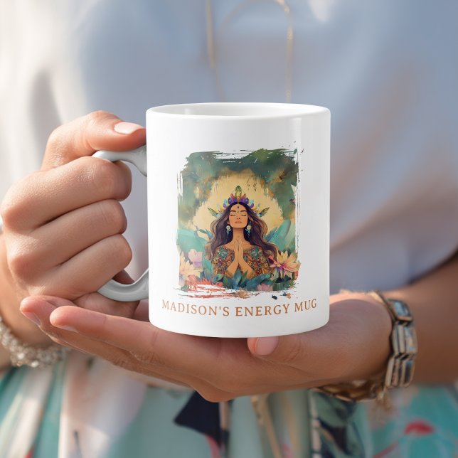 Caneca De Café Grande Energia Mística Boho Mulher Espiritual Personaliza (Boho Mystic Energy Spiritual Woman Custom Giant Coffee Mug with your Name  or Message)