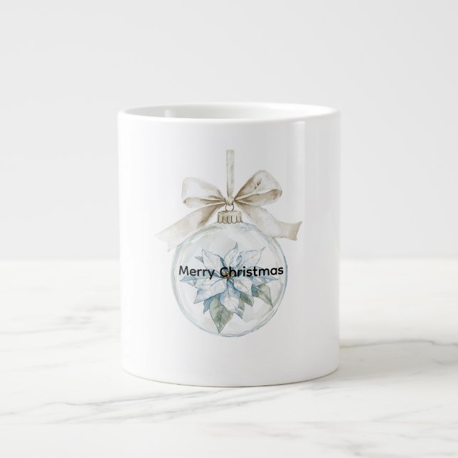 Caneca De Café Grande Enfeites de natal Branco Azul Floral (Frente)