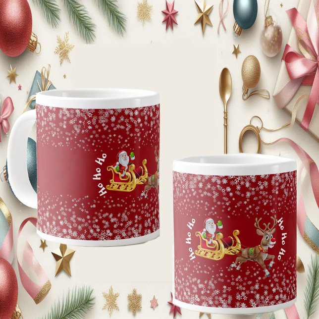 Caneca De Café Grande Engraçado Papais noeis de Natal Reindeer Sleigh Ho (Funny Christmas Santa Reindeer Sleigh Ho-Ho-Ho Red Giant Coffee Mug)