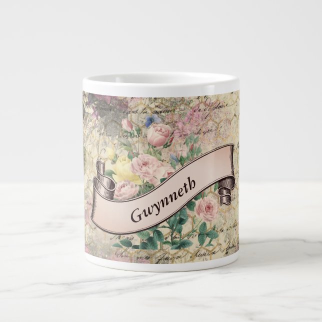 Caneca De Café Grande Ephemera Floral com Padrão de Colmeia e Nome (Frente)