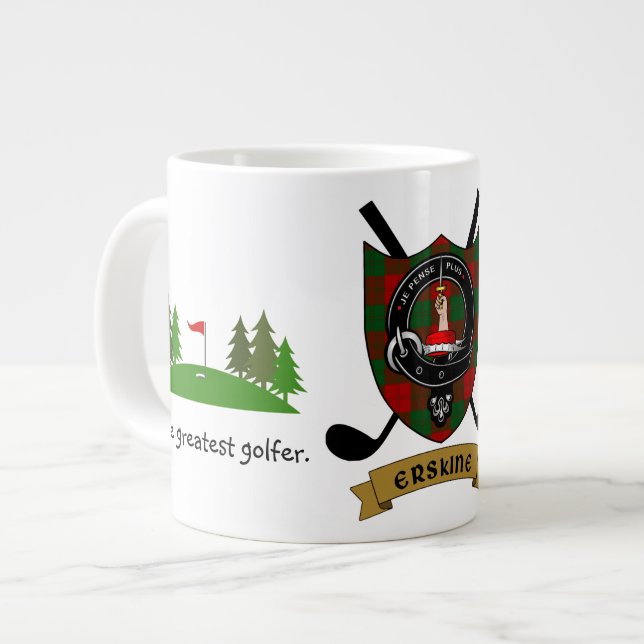 Caneca De Café Grande Erskine Clan Crachá e Tartan Golf Personalizado (Frente Esquerda)