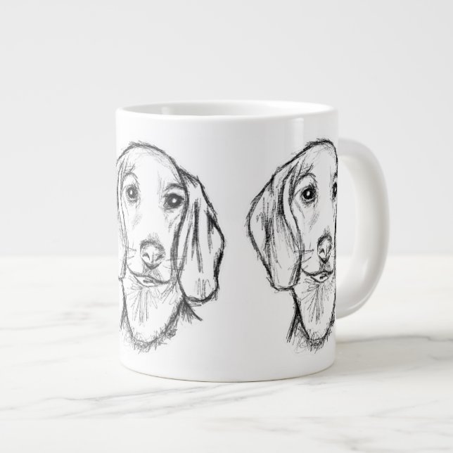 Caneca De Café Grande esboço desenhado pela mão preto, cachorrinho branc (Frente Esquerda)
