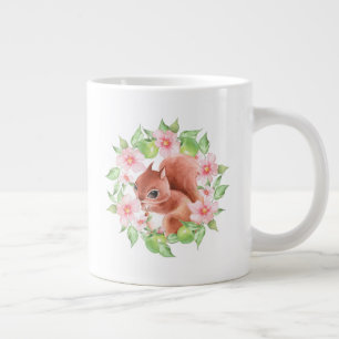 Caneca De Café Grande Esquilo e flores rosadas
