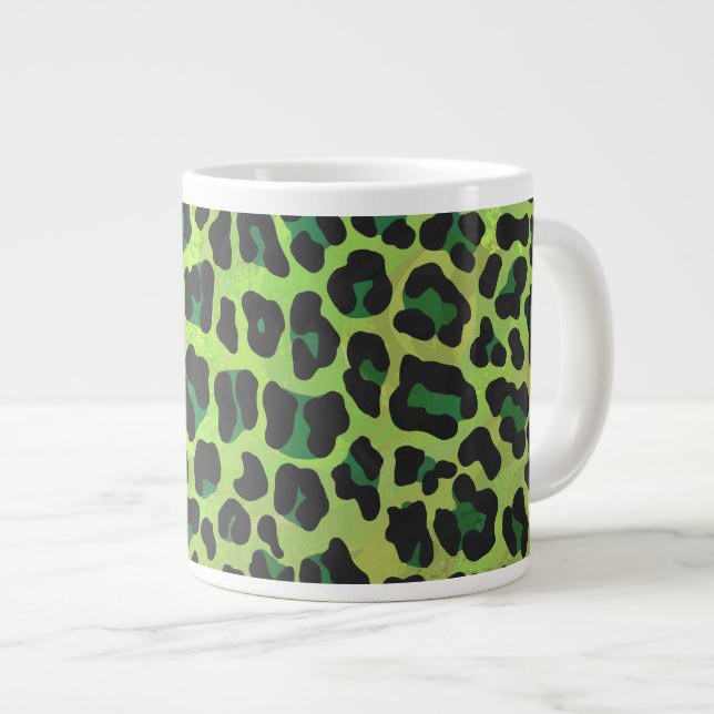 Caneca De Café Grande Estampa de leopardo preta e verde (Frente Esquerda)