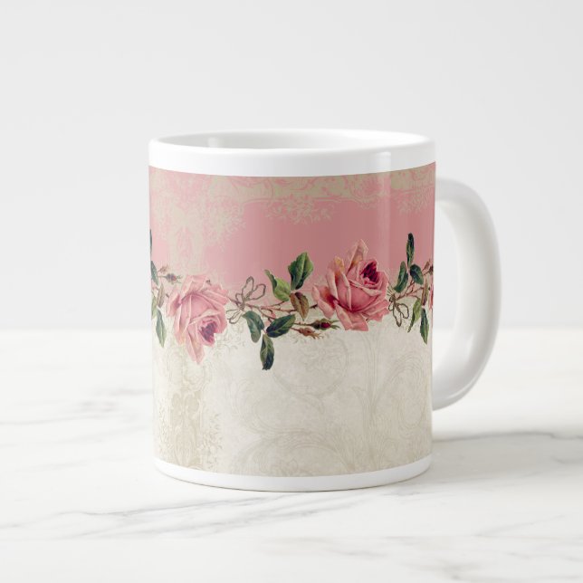 Caneca De Café Grande Estilo Barroco Vintage Rosa (Frente Esquerda)