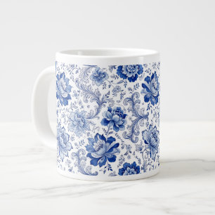 Caneca De Café Grande Estilo Delft Azul Branco Flores Fantasia Caprichos