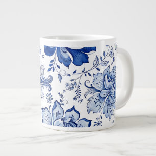 Caneca De Café Grande Estilo Delft Azul Branco Flores Fantasia Caprichos