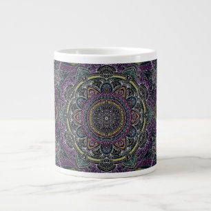 Caneca De Café Grande Estrelas de mandala sagradas e rendas roxas e pret
