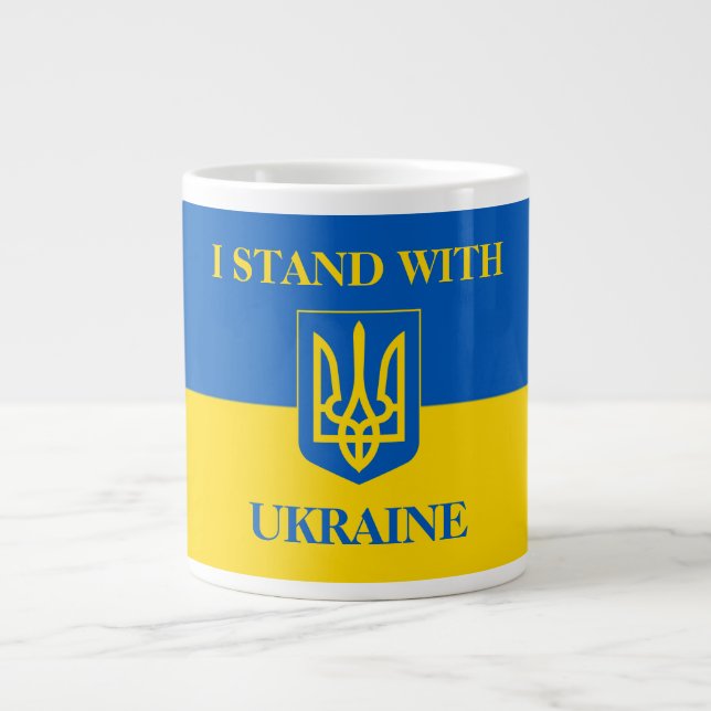 Caneca De Café Grande Eu apoio a Ucrânia. Bandeira da Ucrânia e Brasão d (Frente)
