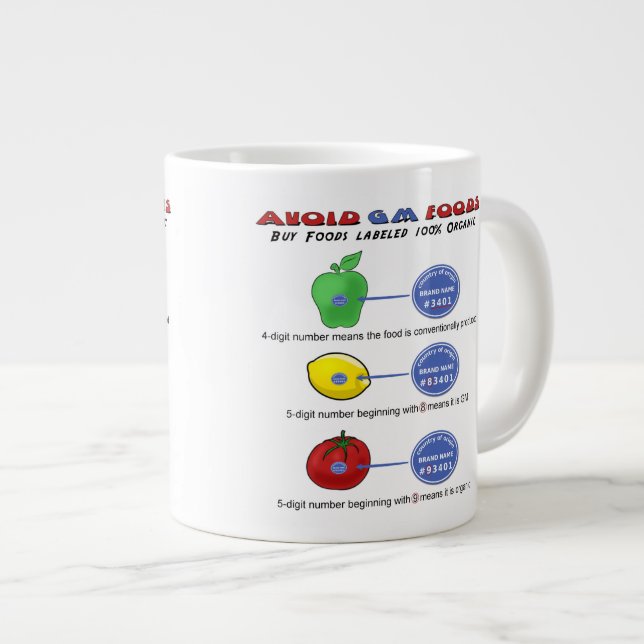 Caneca De Café Grande Evite alimentos GM evite PLU de 5 dígitos começand (Frente Esquerda)